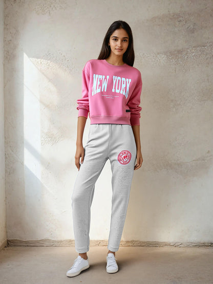 Women's High-Waist Joggers with Logo Print Grey - London Attitude