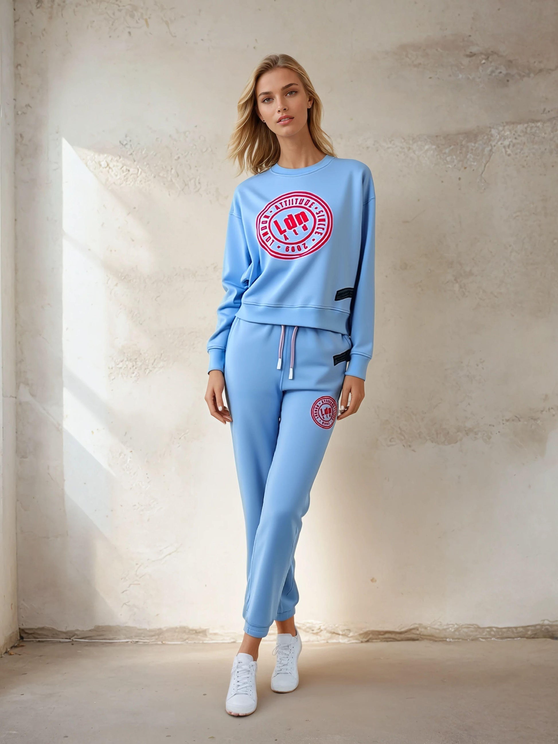 Women's Relaxed Fit Logo Printed Sweatshirt Sky Blue - London Attitude