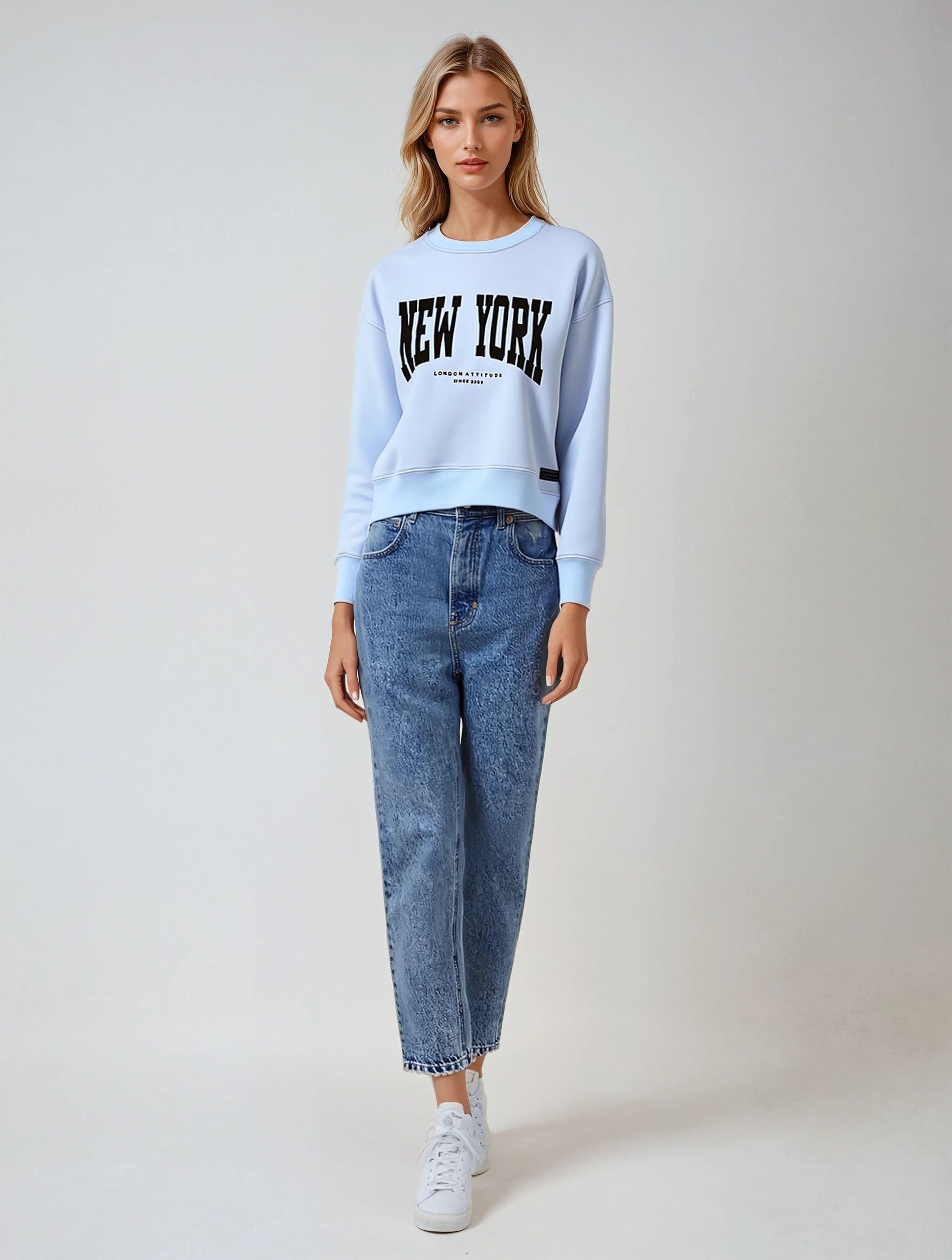 Women's Relaxed Fit New York Printed Sweatshirt Sky Blue - London Attitude