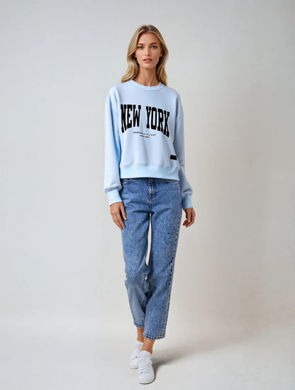 Women's Relaxed Fit New York Printed Sweatshirt Sky Blue - London Attitude