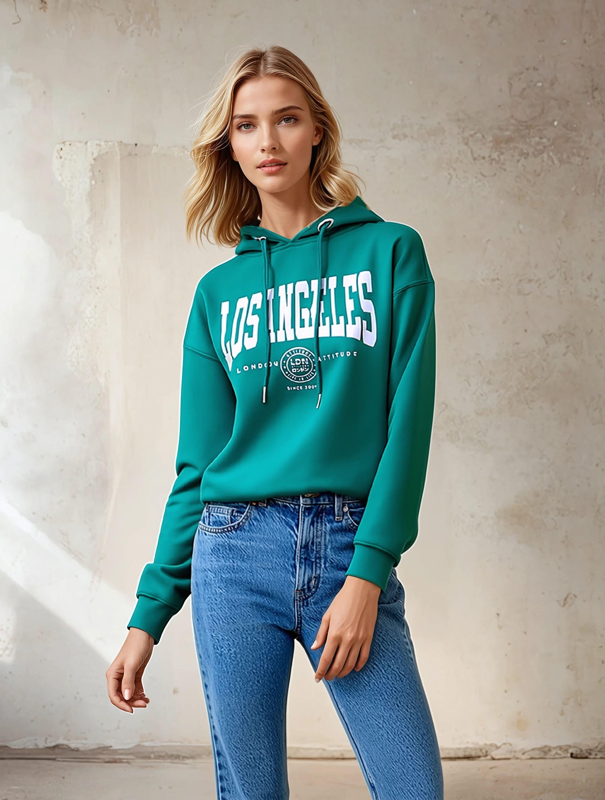 Women's Relaxed Fit "Los Angeles" Printed Hoodie Green - London Attitude