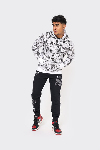 London Attitude Men's Black and White All-Over Graphic Print Hoodie