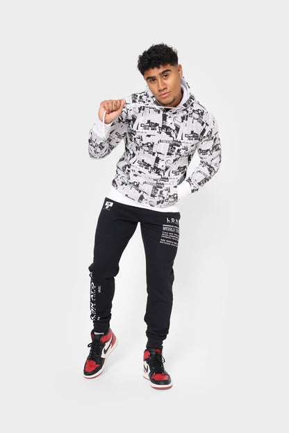 London Attitude Men's Black and White All-Over Graphic Print Hoodie