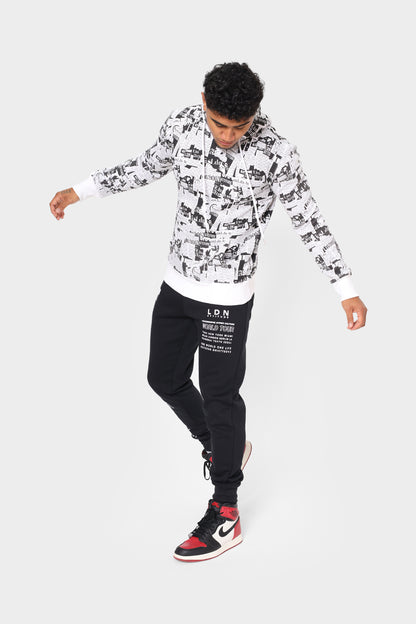 London Attitude Men's Black and White All-Over Graphic Print Hoodie