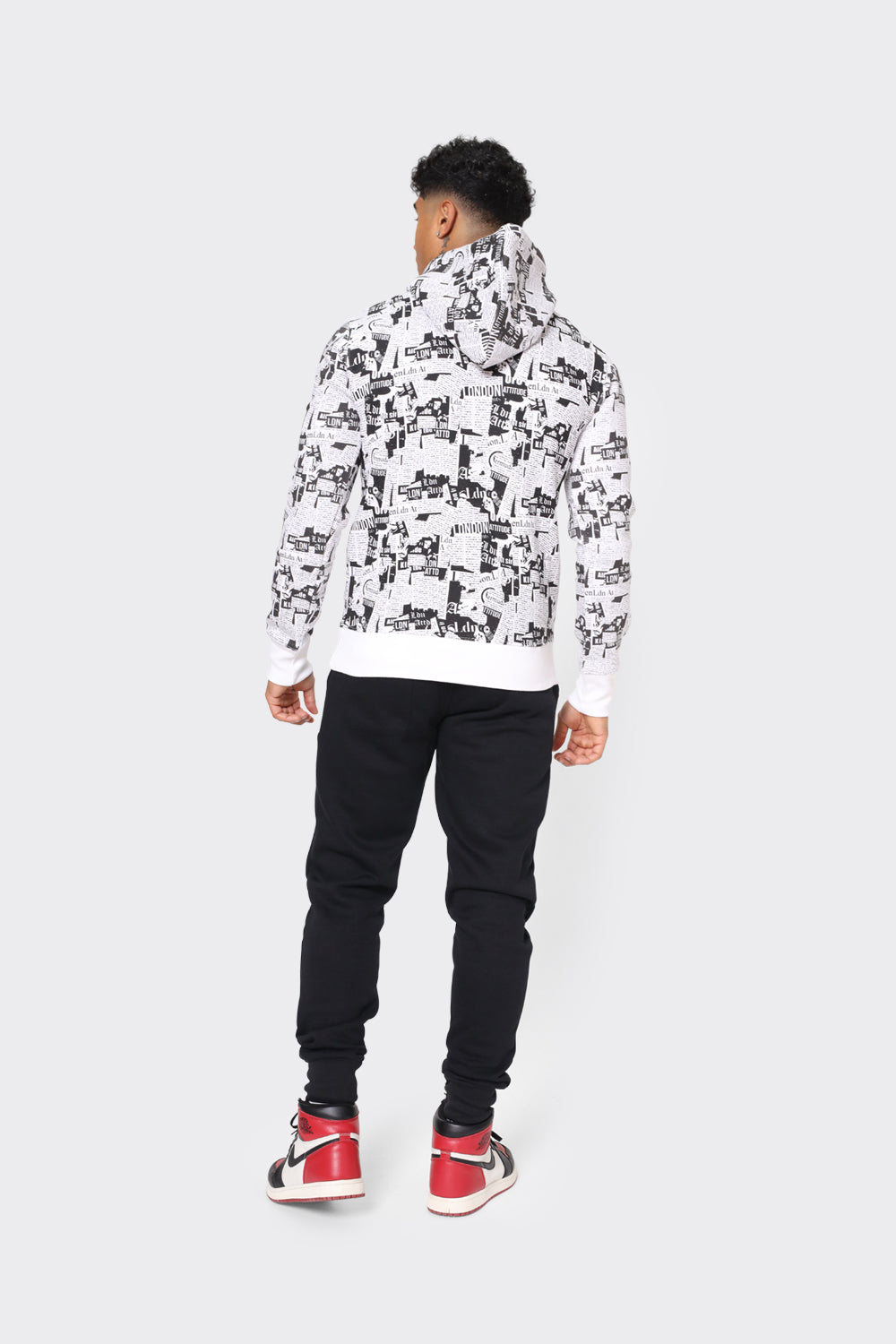 London Attitude Men's Black and White All-Over Graphic Print Hoodie