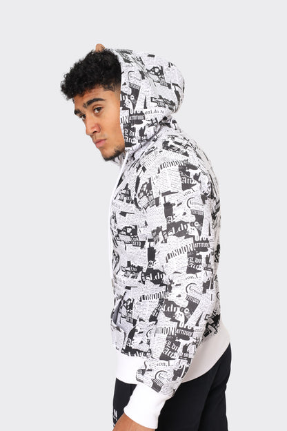 London Attitude Men's Black and White All-Over Graphic Print Hoodie