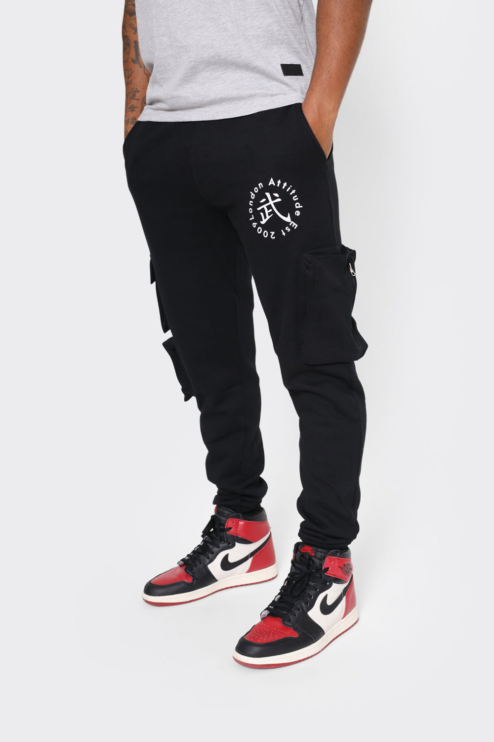 Men's Black Cargo Joggers with London Attitude Graphic and Zipper Pockets