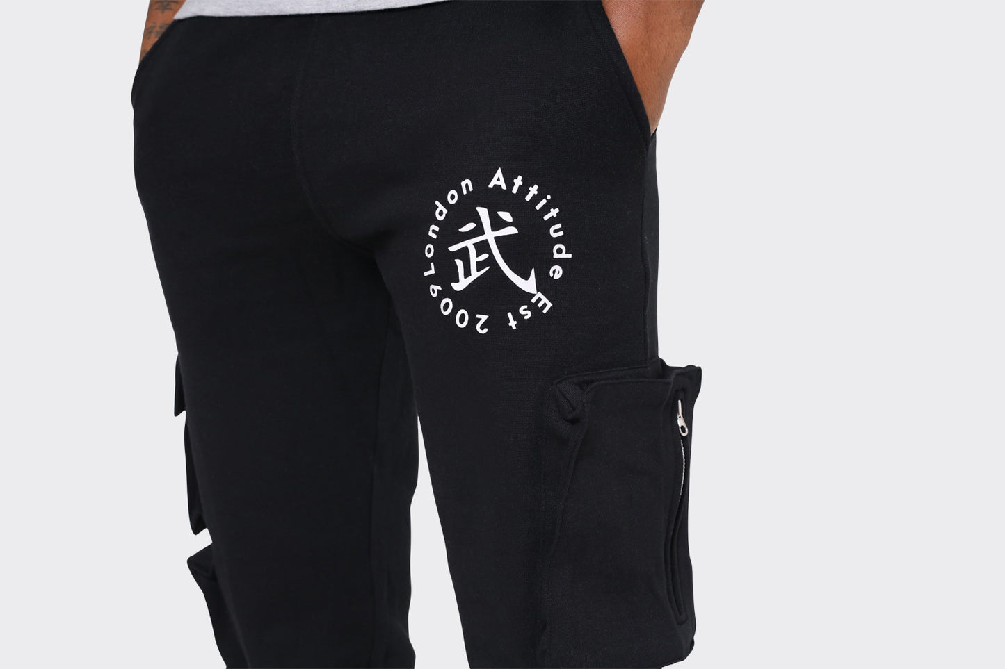 Men's Black Cargo Joggers with London Attitude Graphic and Zipper Pockets