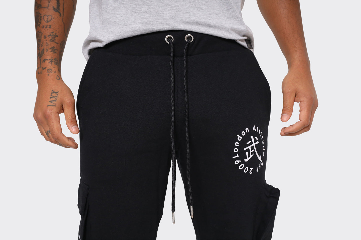 Men's Black Cargo Joggers with London Attitude Graphic and Zipper Pockets