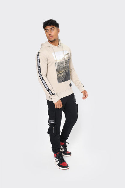 London Attitude Men Graphic Print Hoodie with Taped Sleeve - London Attitude