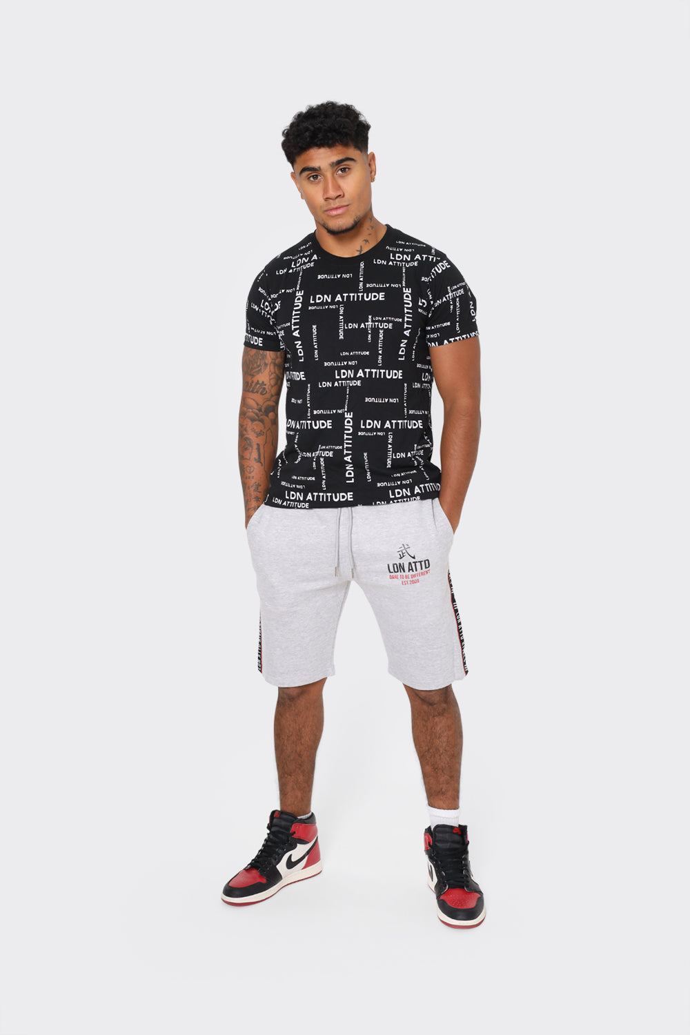 Mens Grey Athletic Shorts with Side Stripe and Bold LDN ATTD Print