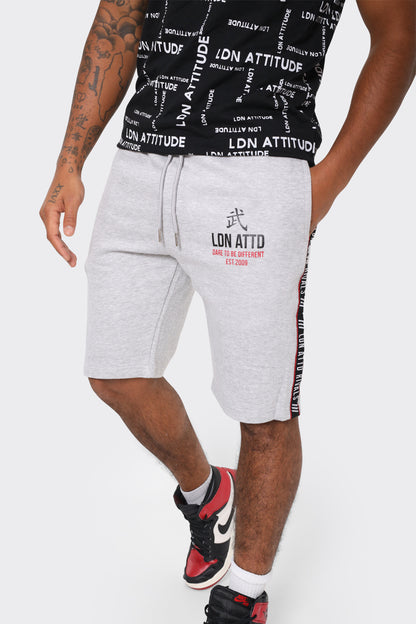 Mens Grey Athletic Shorts with Side Stripe and Bold LDN ATTD Print