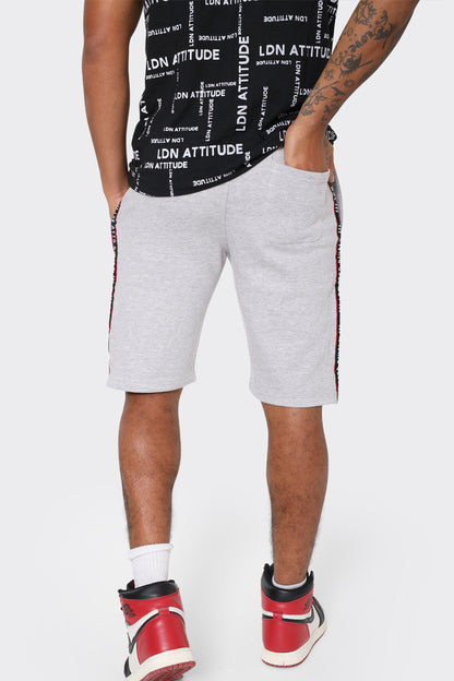 Mens Grey Athletic Shorts with Side Stripe and Bold LDN ATTD Print