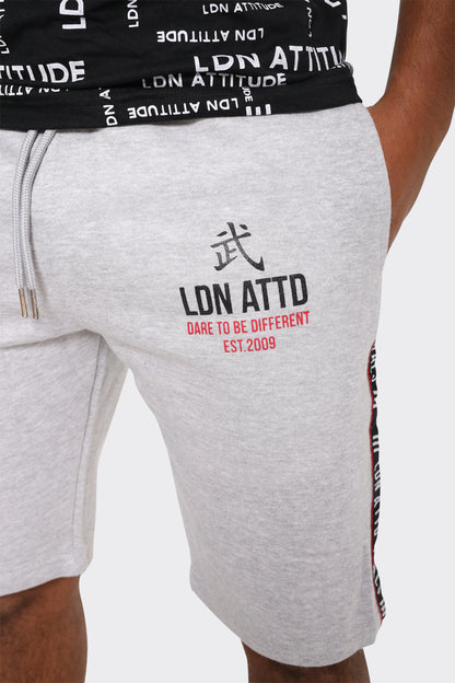 Mens Grey Athletic Shorts with Side Stripe and Bold LDN ATTD Print