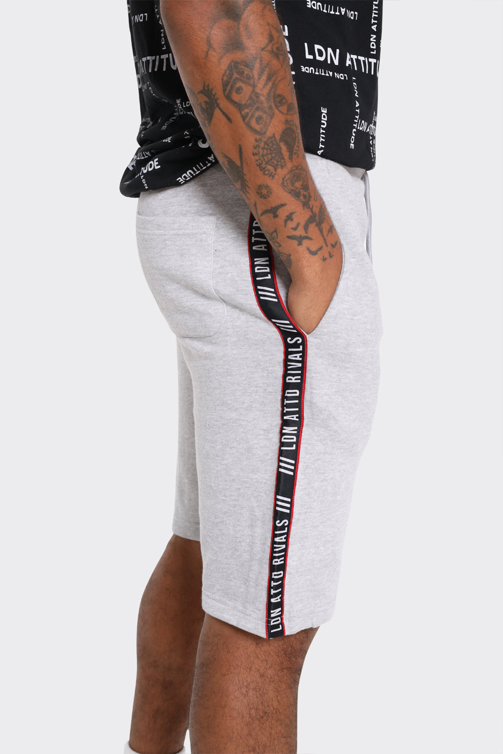 Mens Grey Athletic Shorts with Side Stripe and Bold LDN ATTD Print