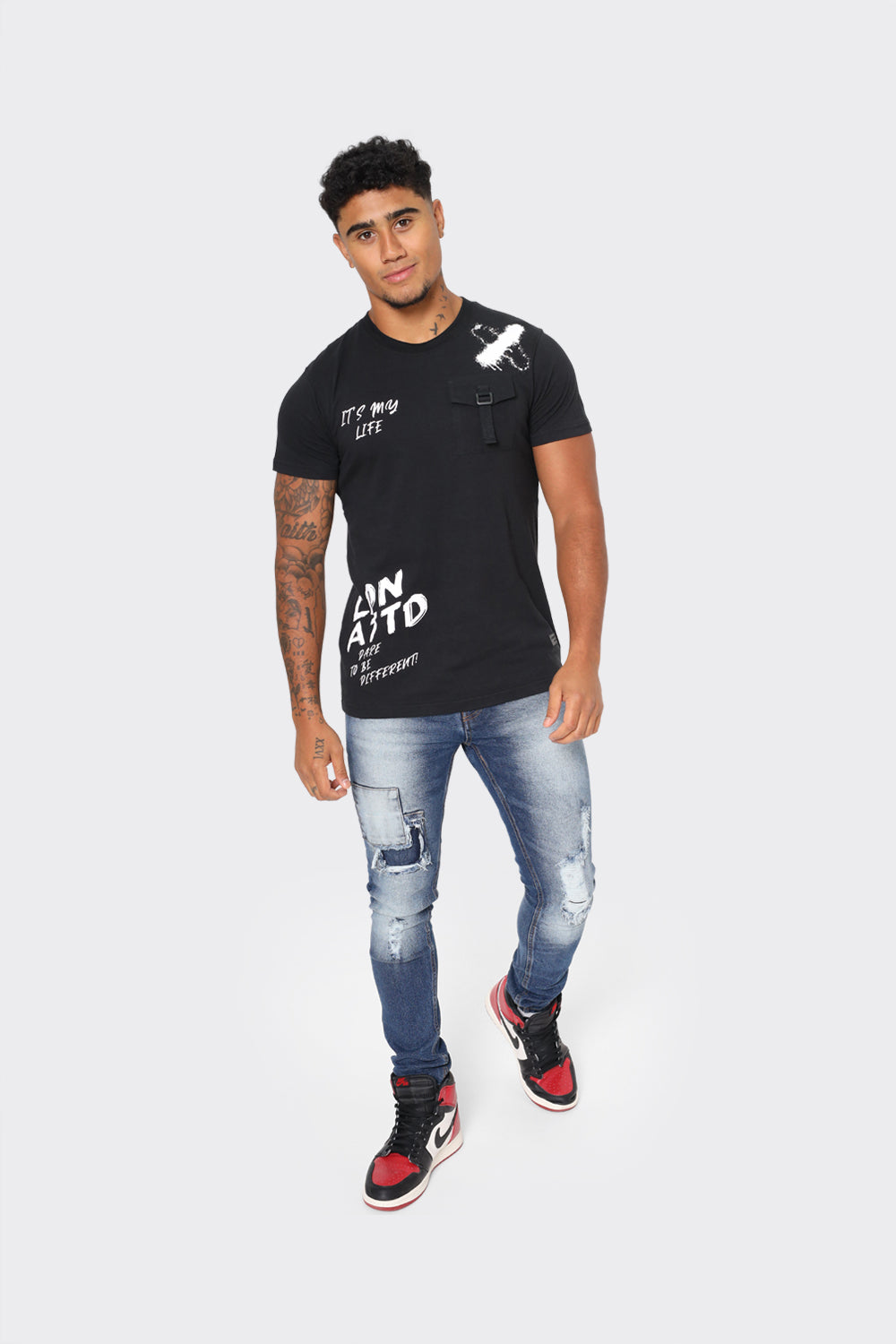 Men's Black T-Shirt with Chest Buckle Pocket and Text Print