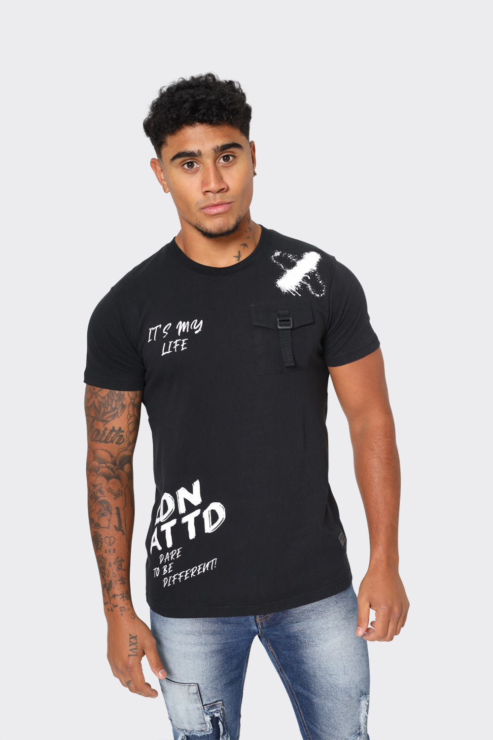 Men's Black T-Shirt with Chest Buckle Pocket and Text Print