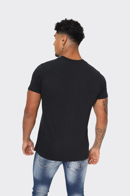 Men's Black T-Shirt with Chest Buckle Pocket and Text Print