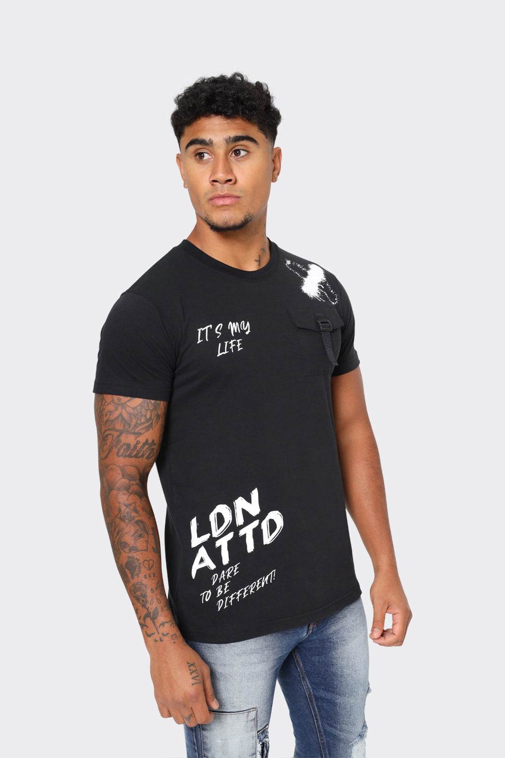 Men's Black T-Shirt with Chest Buckle Pocket and Text Print