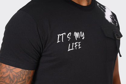 Men's Black T-Shirt with Chest Buckle Pocket and Text Print