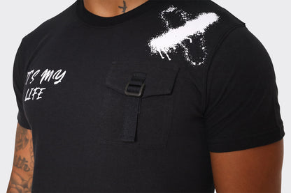 Men's Black T-Shirt with Chest Buckle Pocket and Text Print