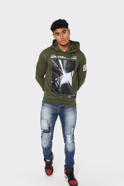 Hoodie with Urban Skyline Graphic in Olive Green - London Attitude