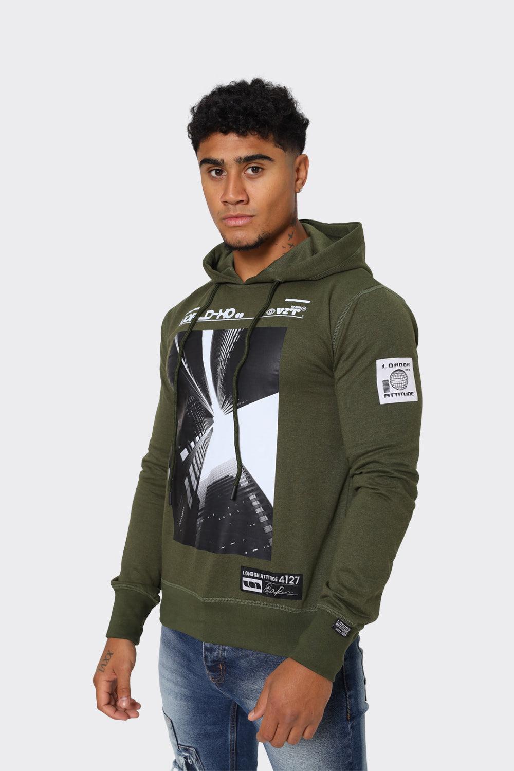 Hoodie with Urban Skyline Graphic in Olive Green - London Attitude