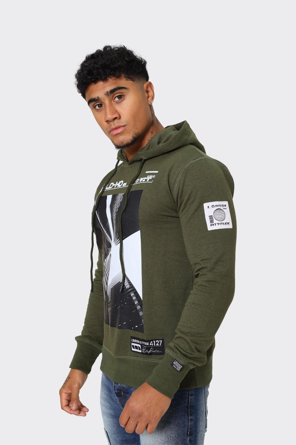 Hoodie with Urban Skyline Graphic in Olive Green - London Attitude