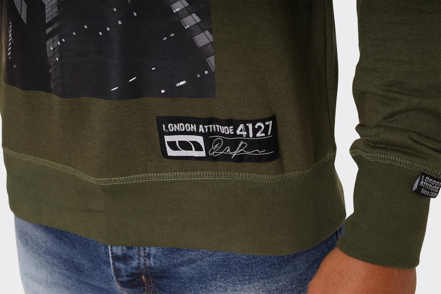 Hoodie with Urban Skyline Graphic in Olive Green - London Attitude