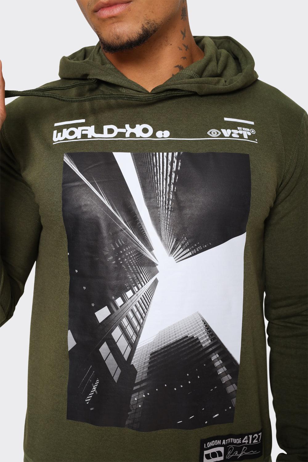 Hoodie with Urban Skyline Graphic in Olive Green - London Attitude