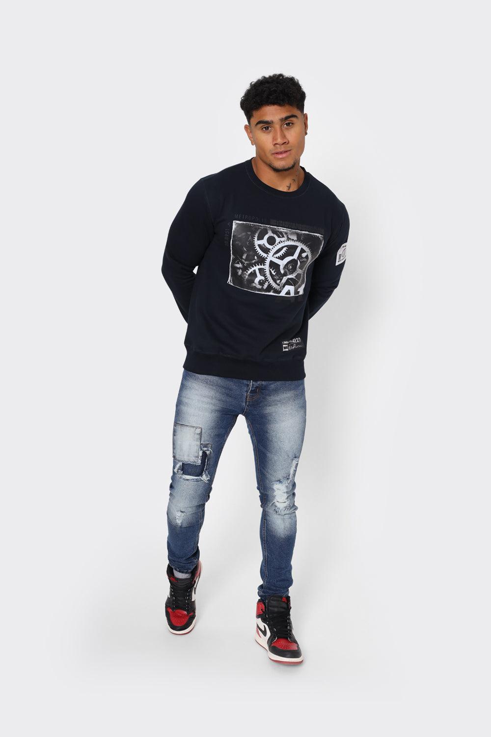 Navy Industrial-Inspired Graphic Sweatshirt - London Attitude