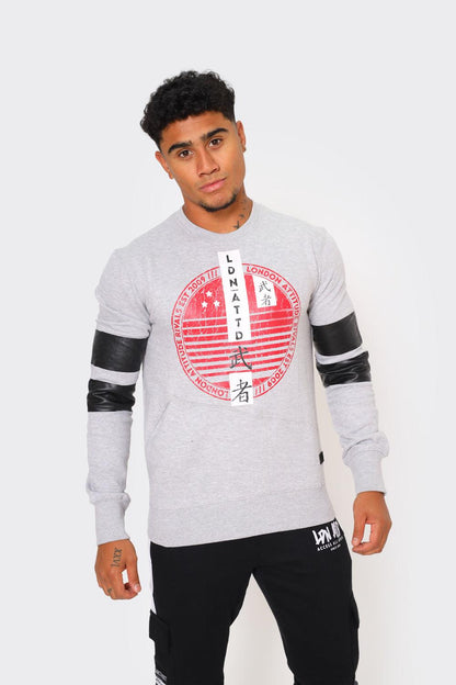 Sweatshirt with Red Graphic Print and Black Sleeve Patches Grey - London Attitude