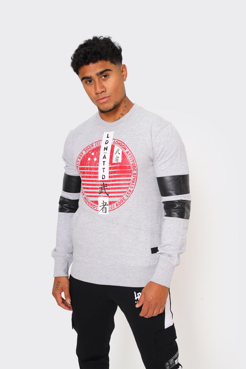 Sweatshirt with Red Graphic Print and Black Sleeve Patches Grey - London Attitude