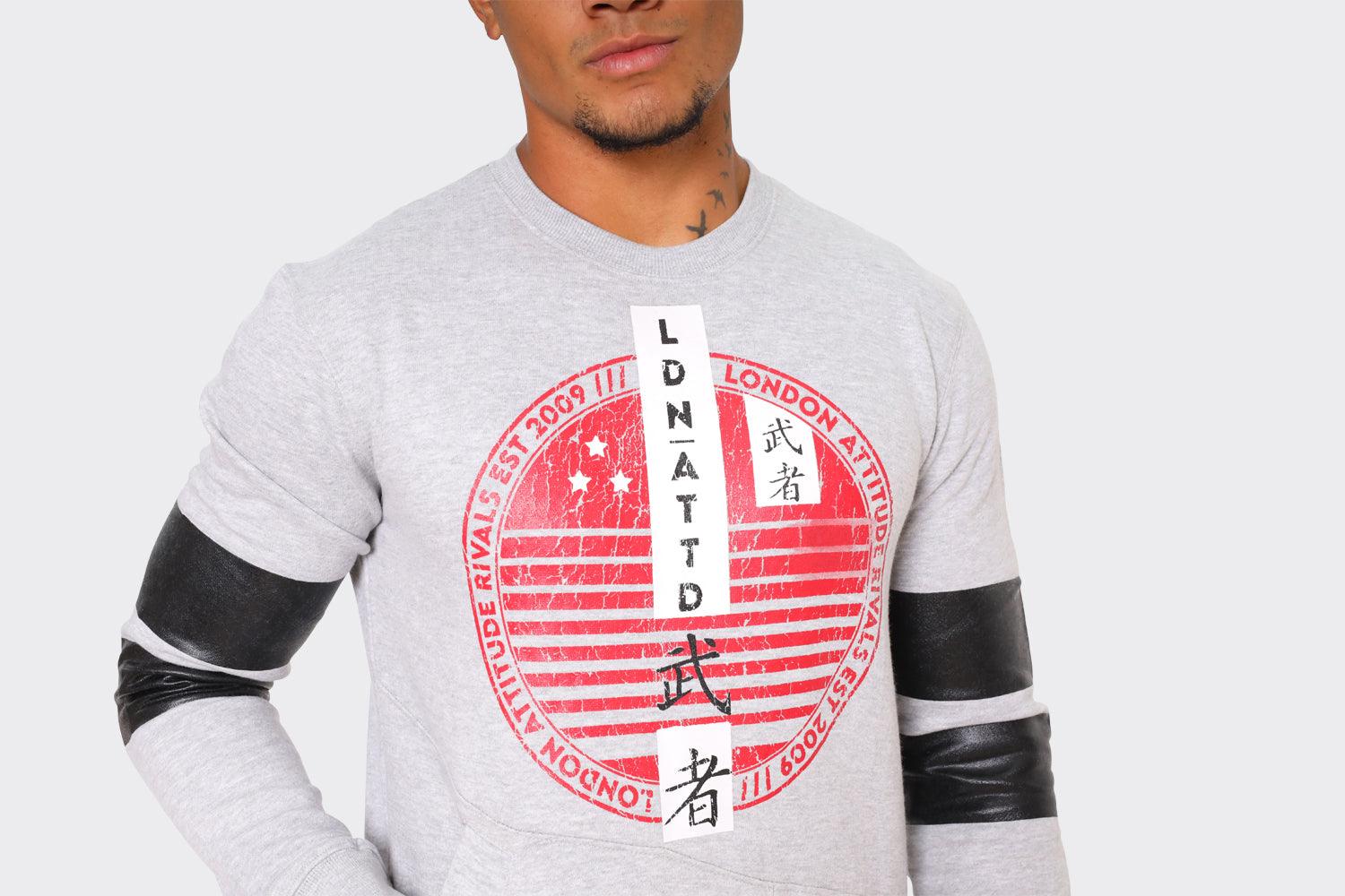 Sweatshirt with Red Graphic Print and Black Sleeve Patches Grey - London Attitude