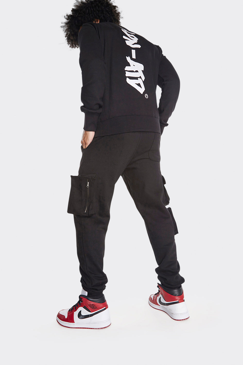 Men's Black Cargo Joggers with London Attitude Graphic and Zipper Pockets