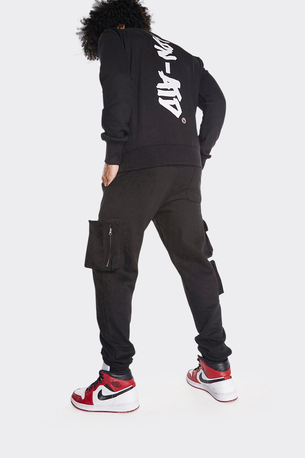 Men's Black Cargo Joggers with London Attitude Graphic and Zipper Pockets - London Attitude